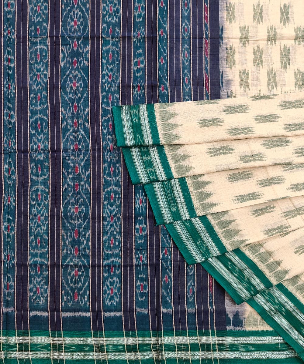 Offwhite Green Nuapatna Handwoven Single Ikat Cotton Saree SFCSAR1012