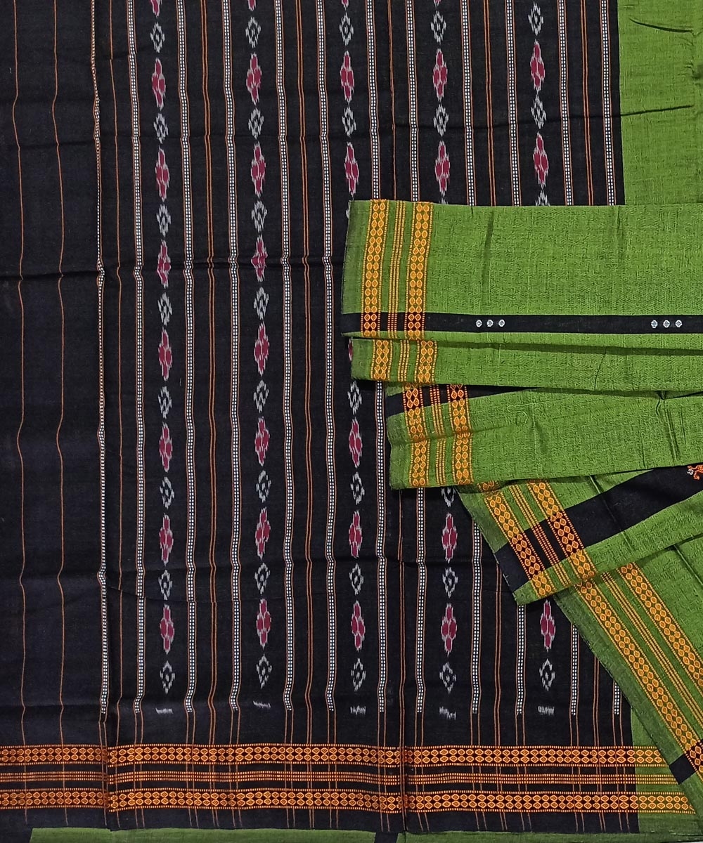 Green Black Bomkai Handwoven Single Ikat Cotton Saree SFCSAR1040