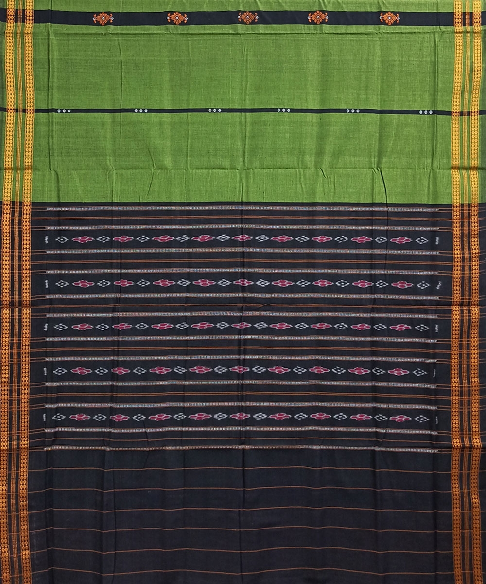 Green Black Bomkai Handwoven Single Ikat Cotton Saree Image 2