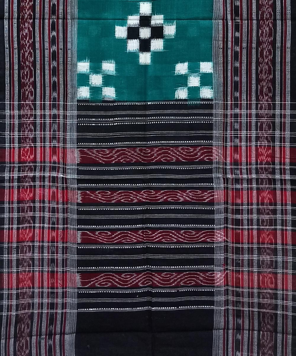 Green Black Sambalpuri Handwoven Double Ikat Cotton Stole Image 2