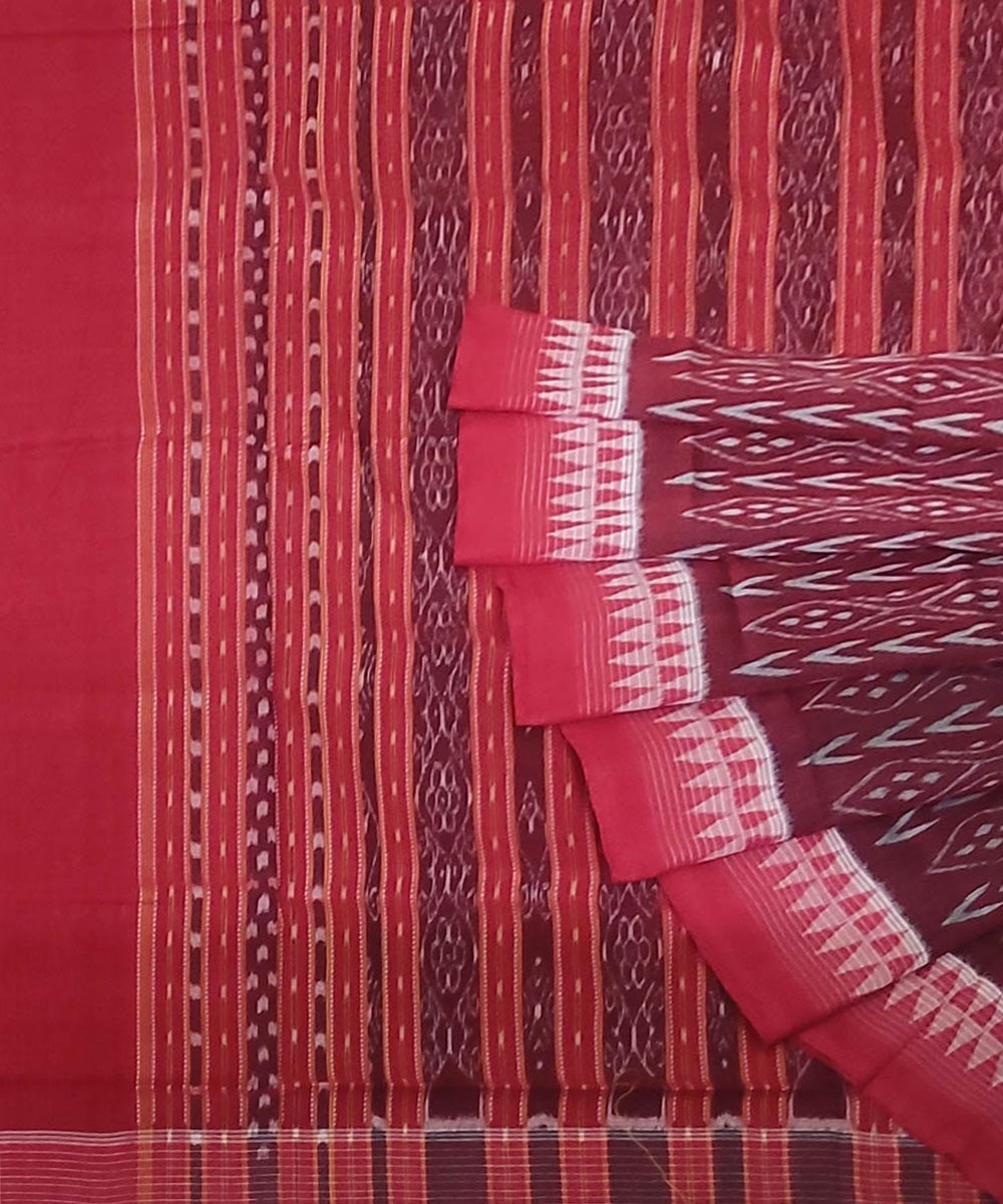 Maroon Red Sambalpuri Handwoven Single Ikat Cotton Saree SFCSAR0111