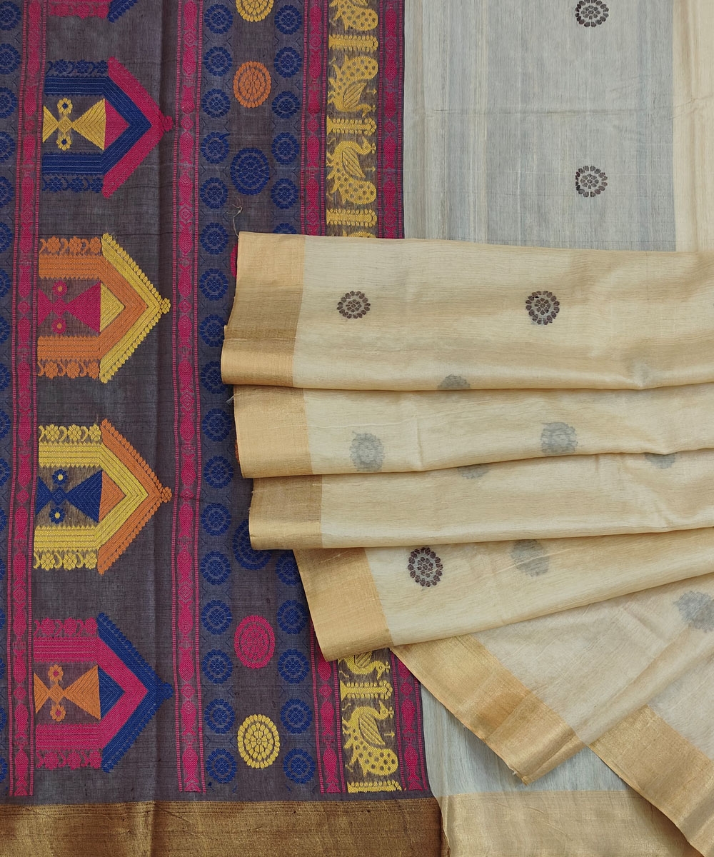 Beige Sambalpuri Handwoven Dolabedi Tussar Silk Saree Image 1