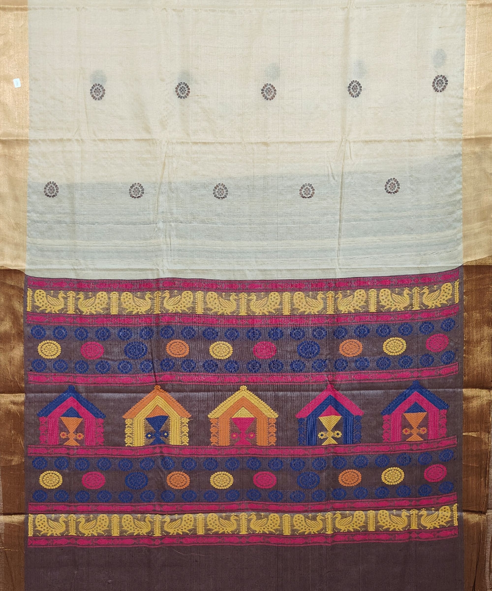 Beige Sambalpuri Handwoven Dolabedi Tussar Silk Saree Image 2