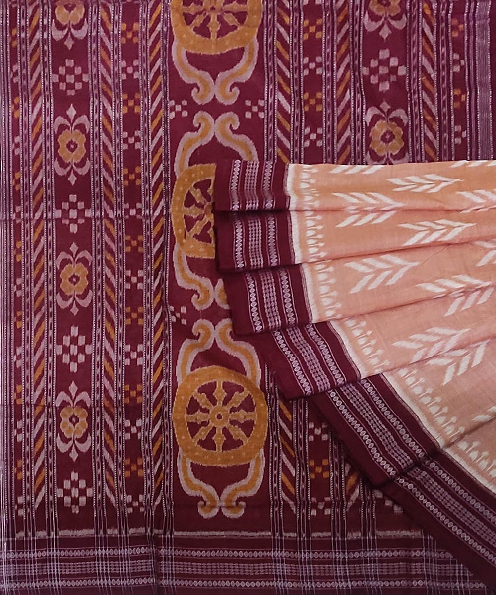 Peach Taffy Maroon Sambalpuri Handwoven Single Ikat Cotton Saree Image 1