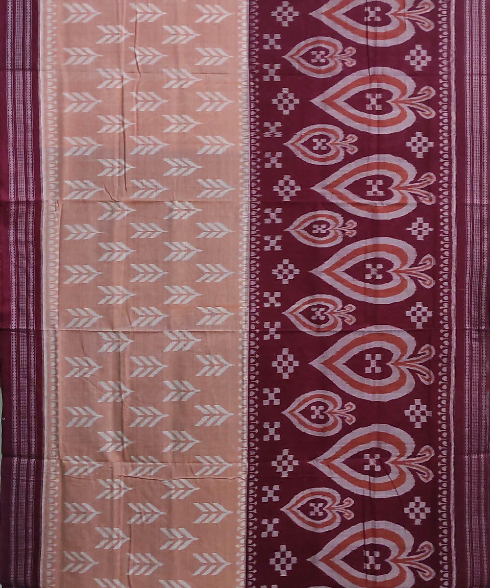 Peach Taffy Maroon Sambalpuri Handwoven Single Ikat Cotton Saree Image 3