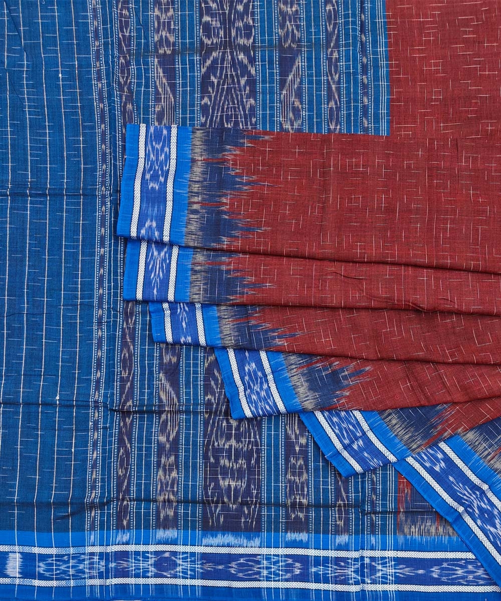 Maroon Blue Nuapatna Handwoven Single Ikat Cotton Saree Image 1