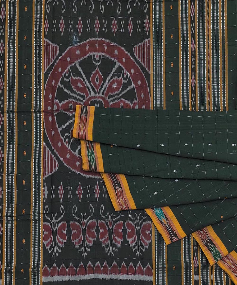 Green Yellow Sambalpuri Handwoven Single Ikat Cotton Saree Image 1