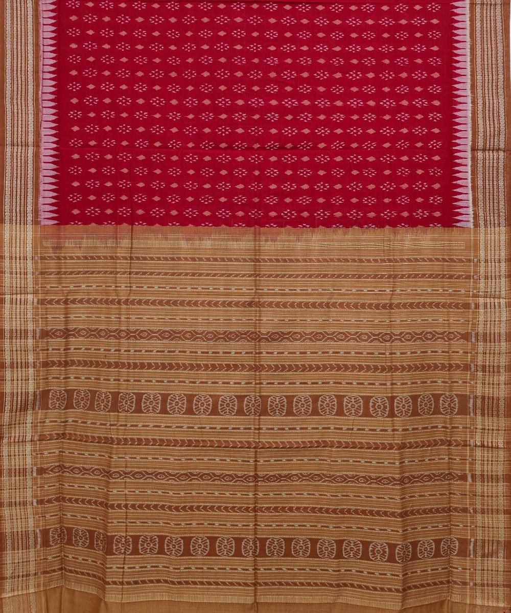 Red Brown Sambalpuri Handwoven Single Ikat Cotton Saree Image 2