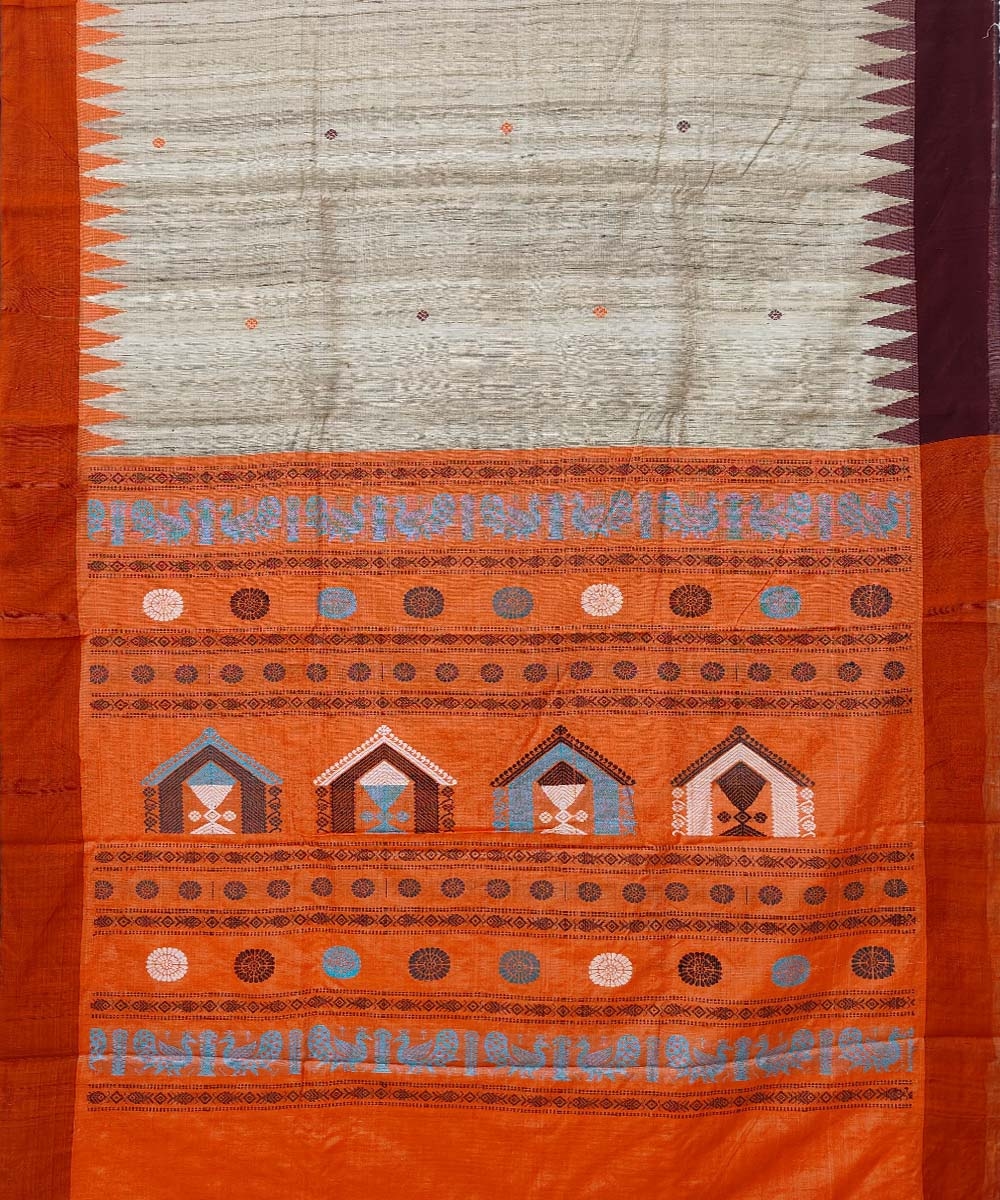 Beige Orange Sambalpuri Handwoven Dolabedi Tussar Silk Saree Image 2