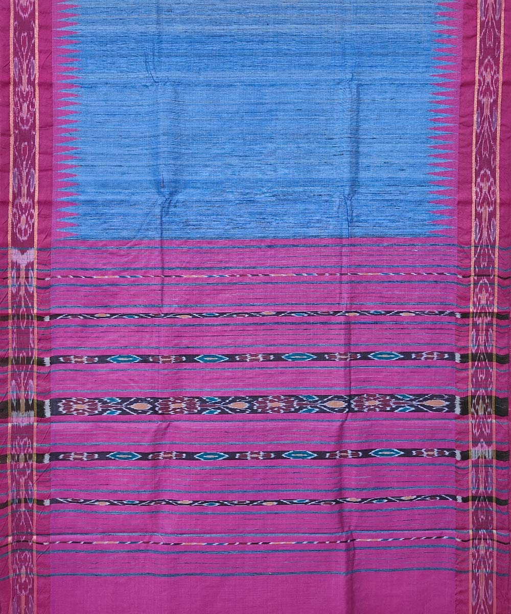 Blue Pink Sambalpuri Handwoven Ikat Border Design Tussar Silk Saree Image 2