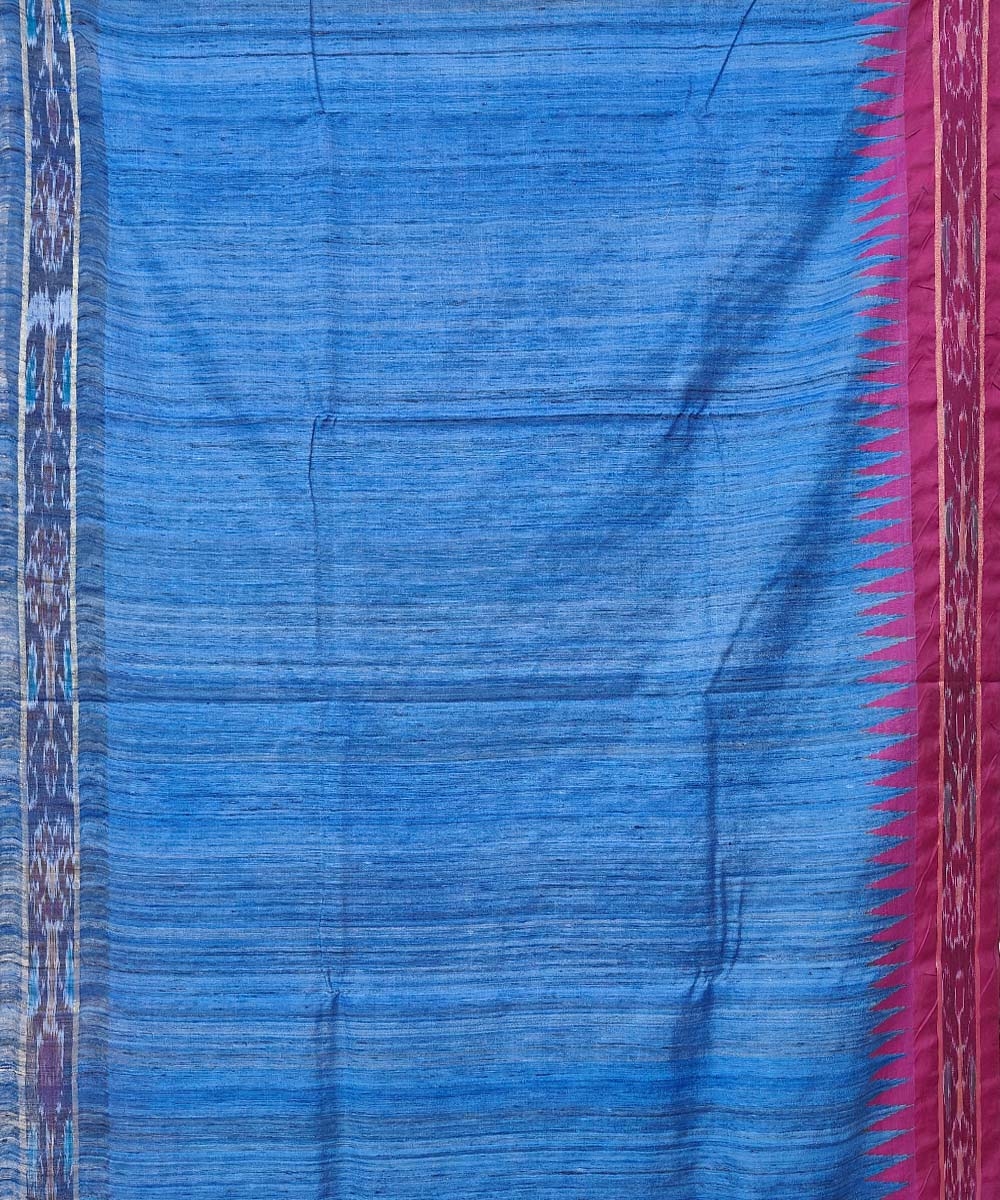 Blue Pink Sambalpuri Handwoven Ikat Border Design Tussar Silk Saree Image 3