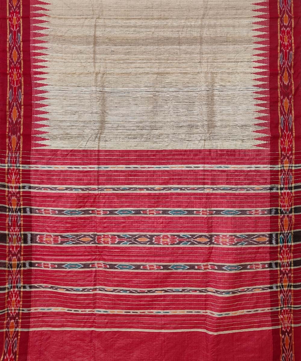 Beige Red Sambalpuri Handwoven Ikat Border Tussar Silk Saree Image 2