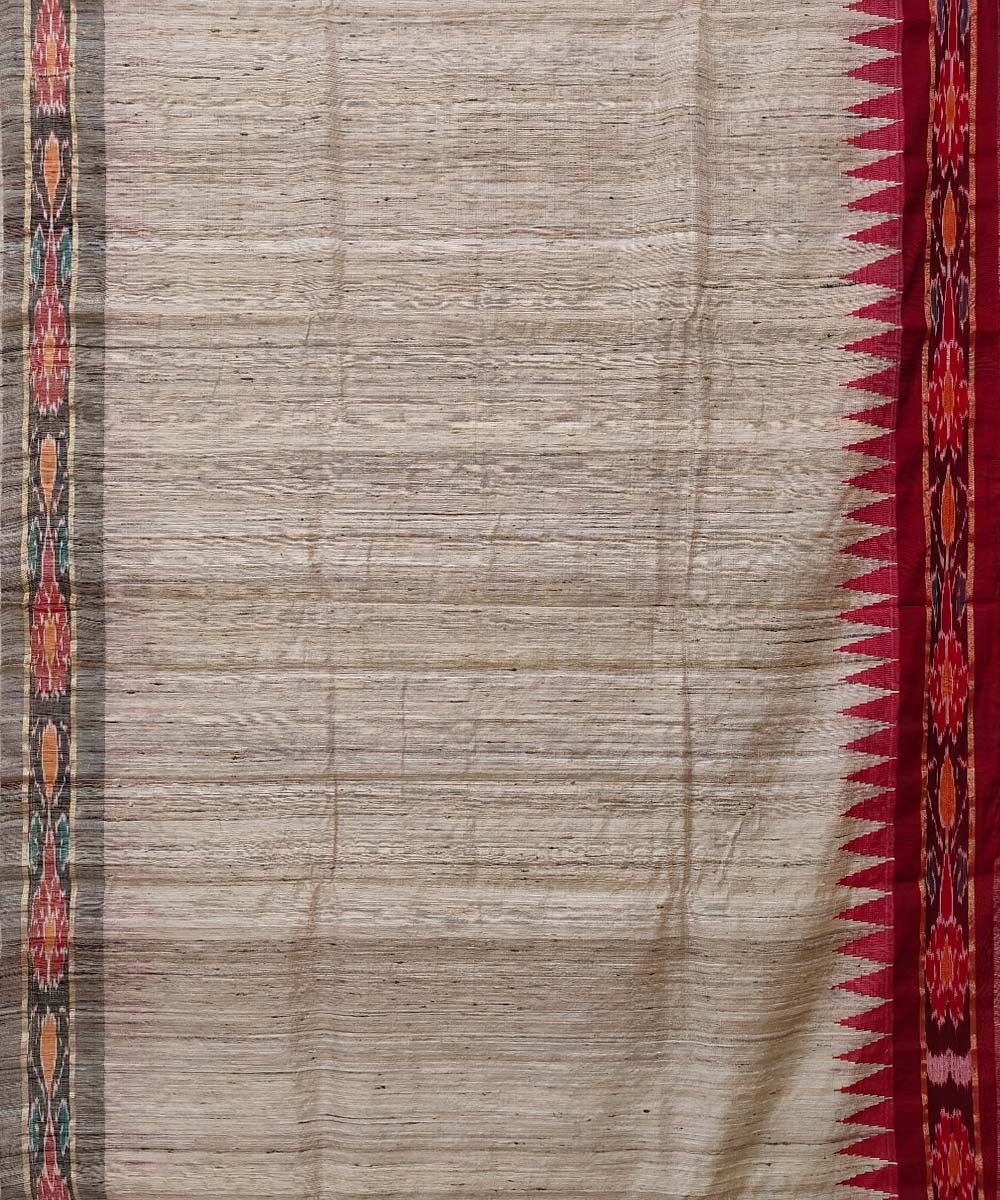 Beige Red Sambalpuri Handwoven Ikat Border Tussar Silk Saree Image 3