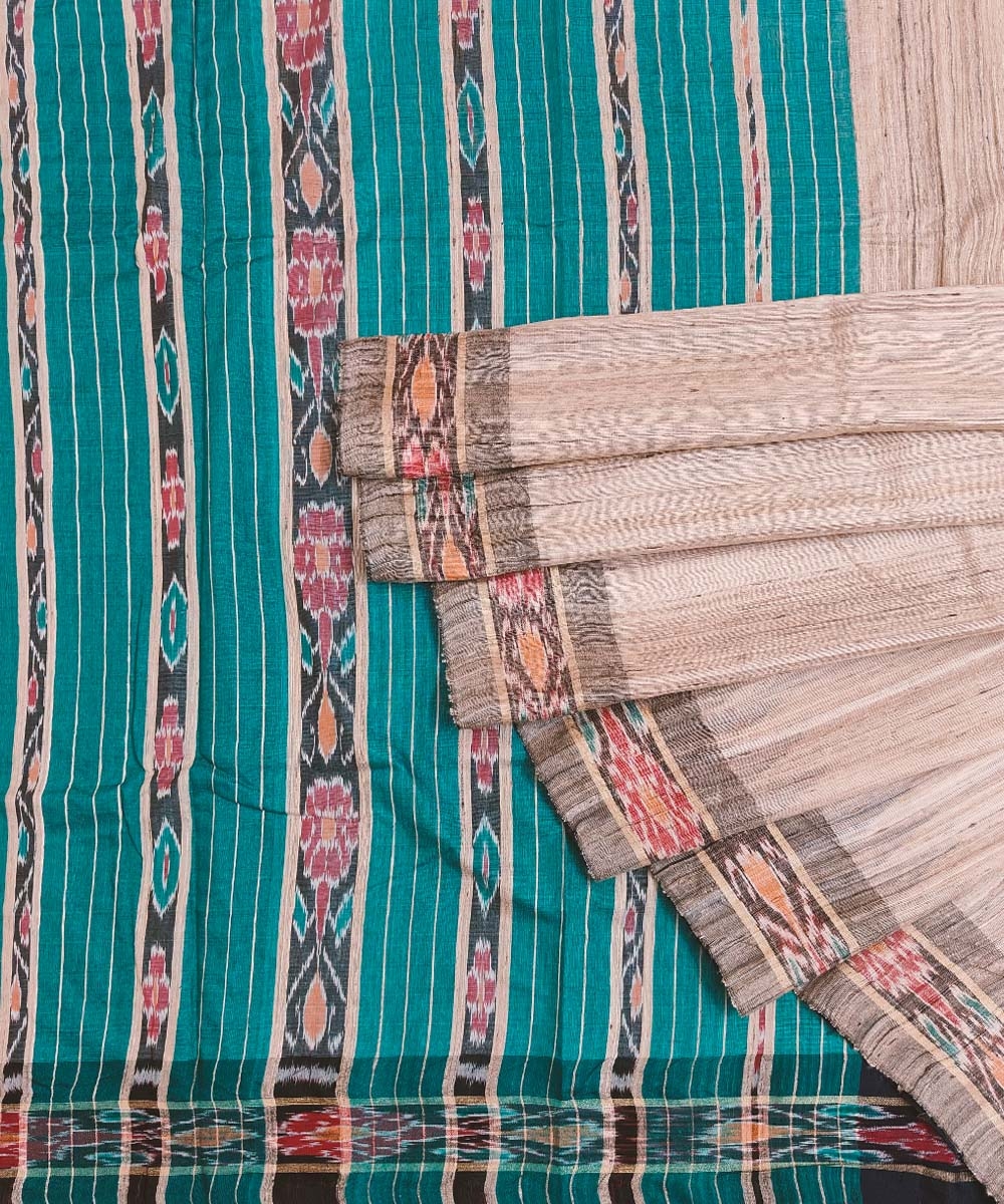 Beige Green Sambalpuri Handwoven Ikat Border Tussar Silk Saree Image 1