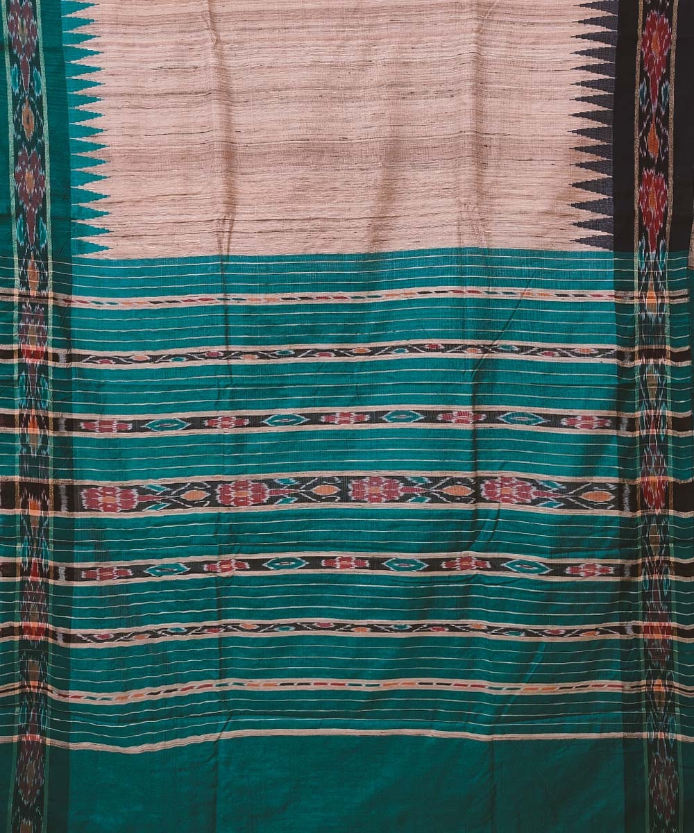 Beige Green Sambalpuri Handwoven Ikat Border Tussar Silk Saree Image 2