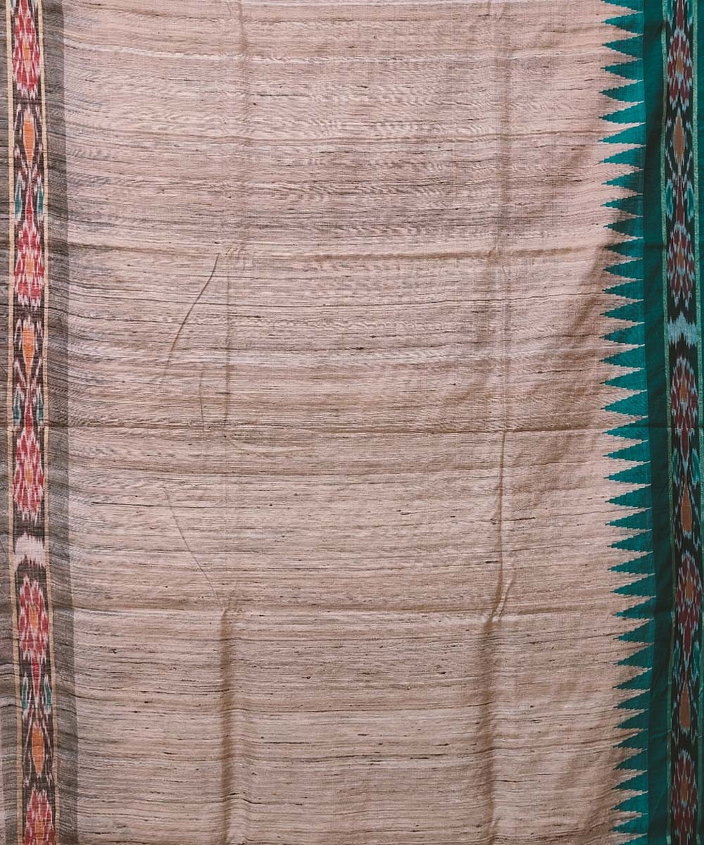 Beige Green Sambalpuri Handwoven Ikat Border Tussar Silk Saree Image 3