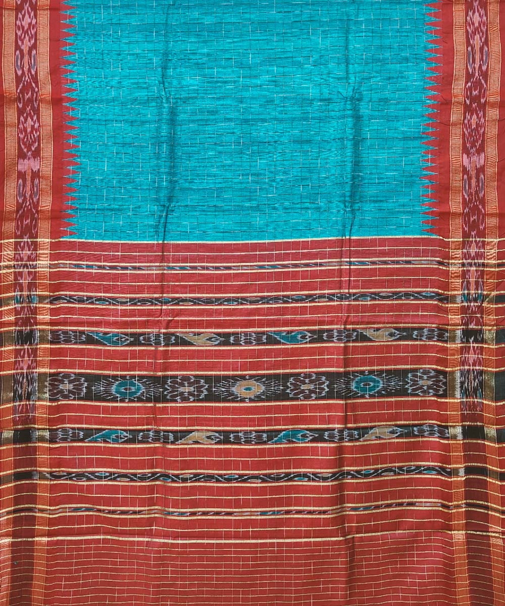 Green Red Sambalpuri Handwoven Ikat Border Tussar Silk Saree Image 2