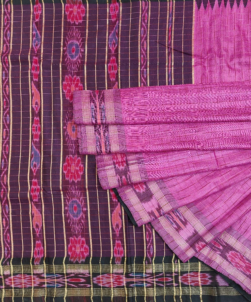 Pink Black Sambalpuri Handwoven Ikat Border Tussar Silk Saree Image 1