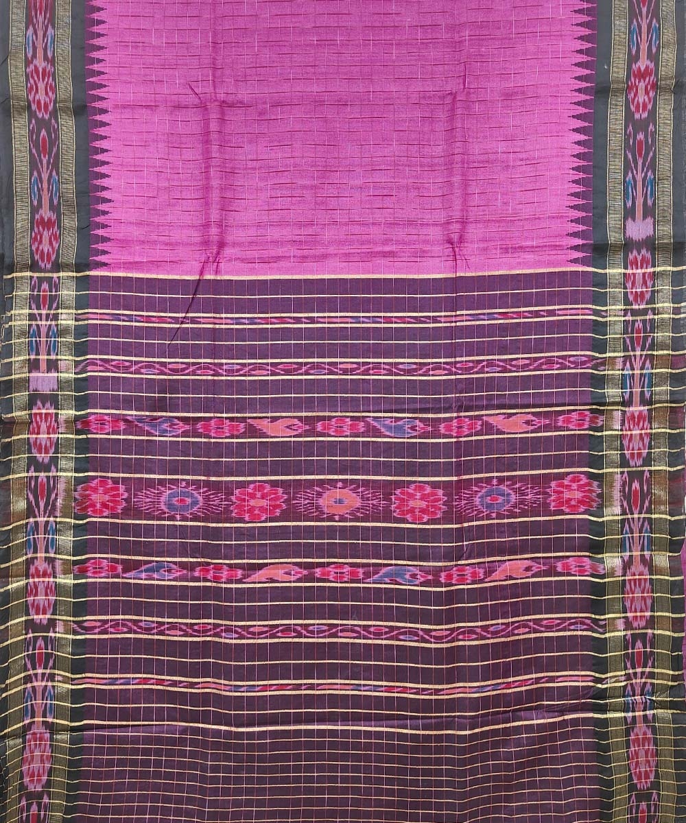 Pink Black Sambalpuri Handwoven Ikat Border Tussar Silk Saree Image 2