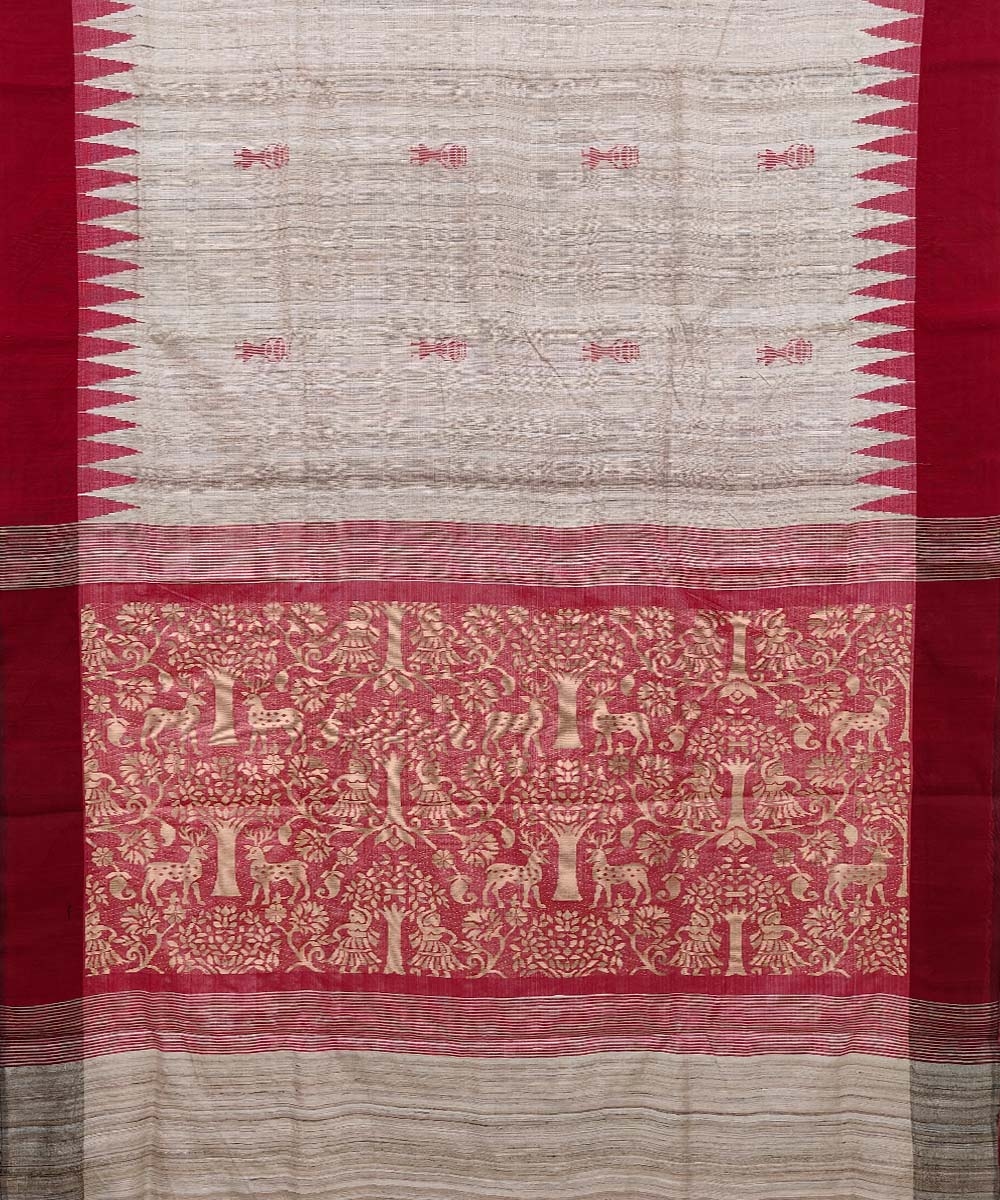 Beige Red Sambalpuri Handwoven Tribal Design Tussar Silk Saree Image 2