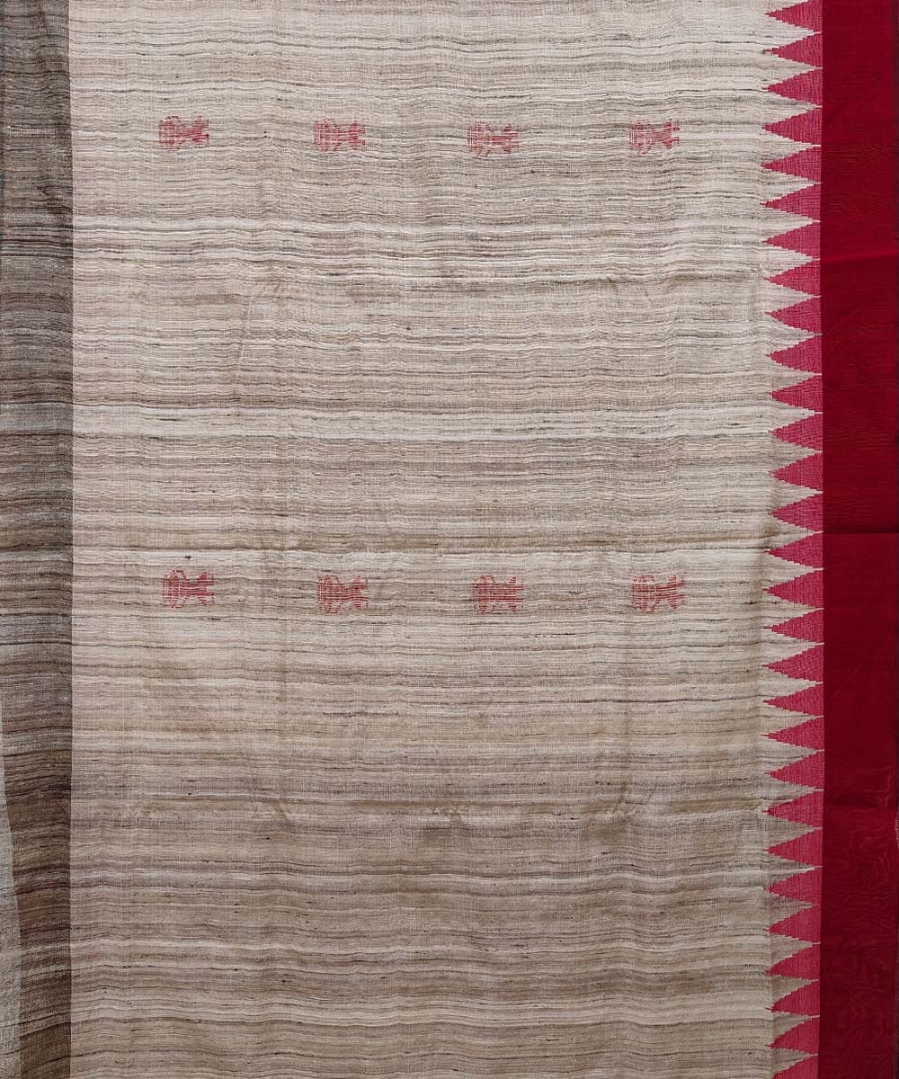 Beige Red Sambalpuri Handwoven Tribal Design Tussar Silk Saree Image 3