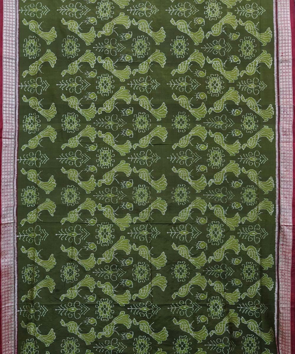 Olivegreen Red Sambalpuri Handwoven Silk Saree Image 3