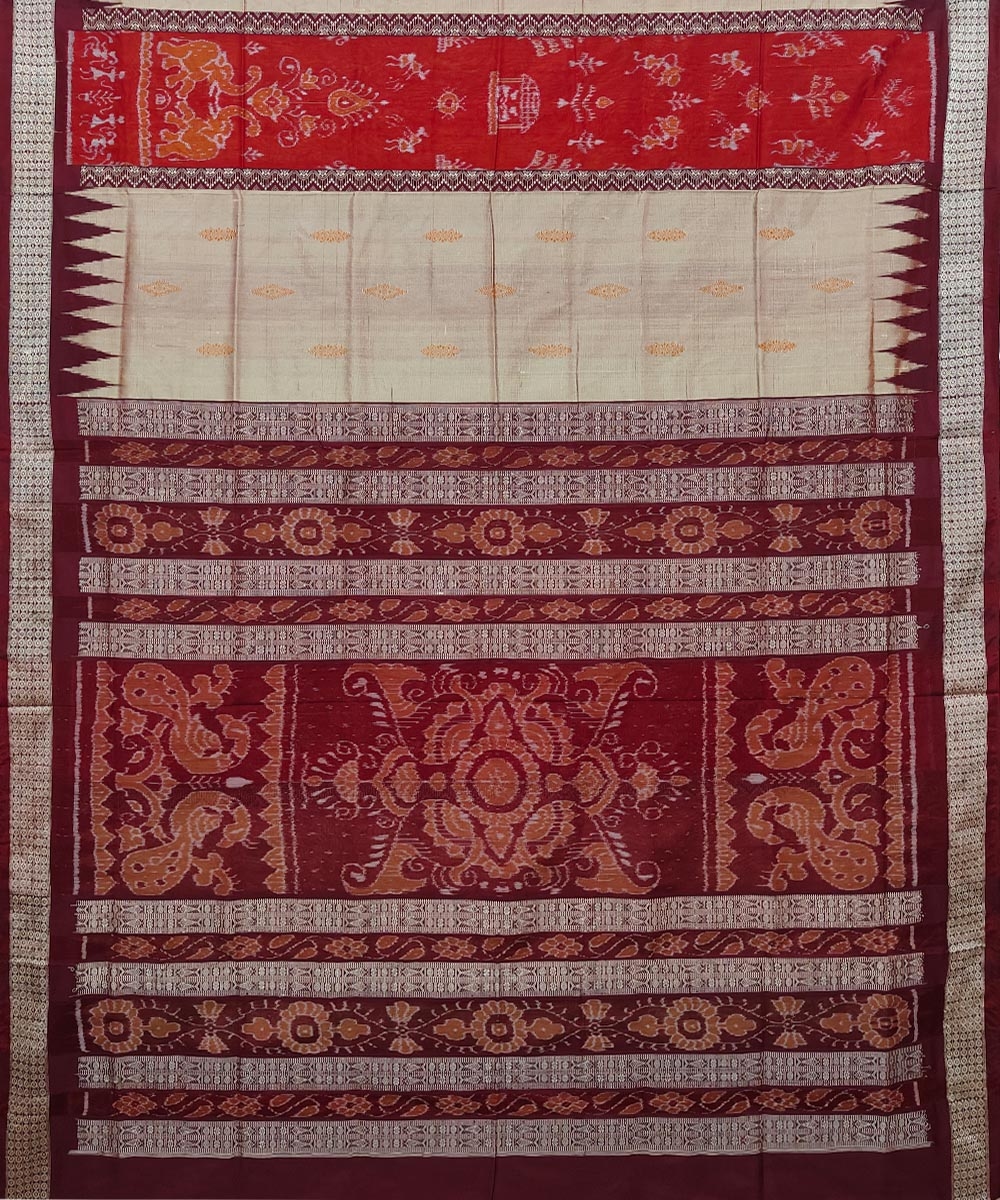 Beige Maroon Handwoven Bomkei Mix Silk Saree Image 2