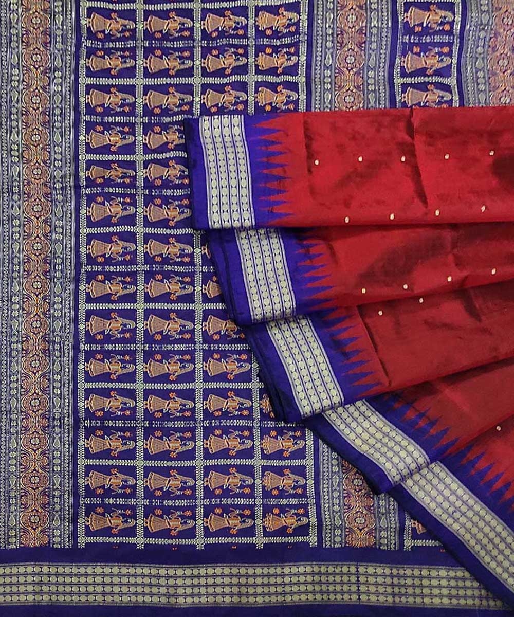 Maroon Blue Handwoven Bomkei Mix Silk Saree SMSSAR1256