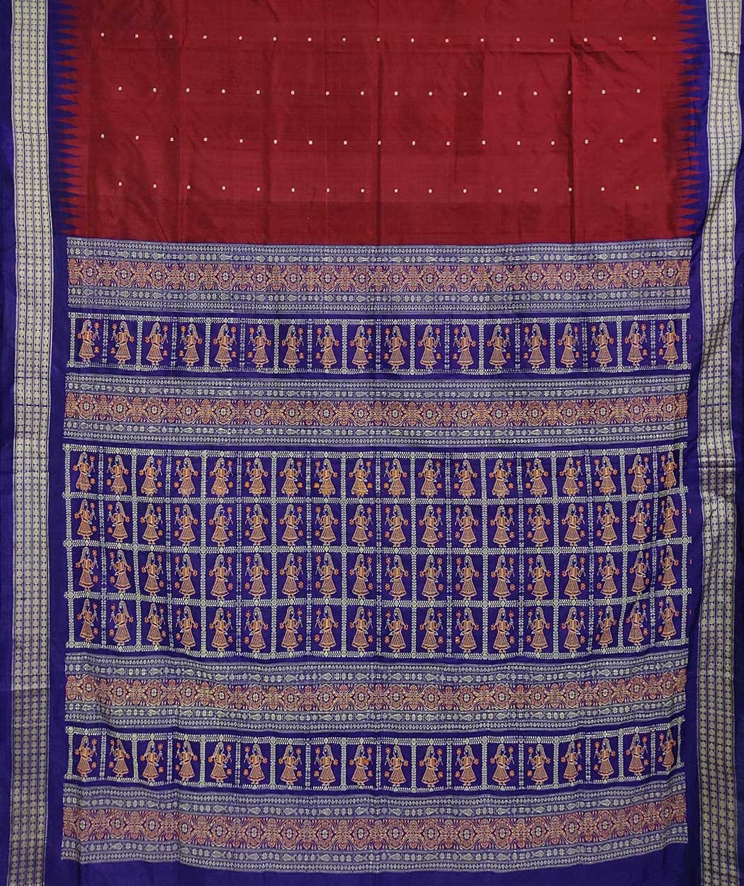 Maroon Blue Handwoven Bomkei Mix Silk Saree Image 2