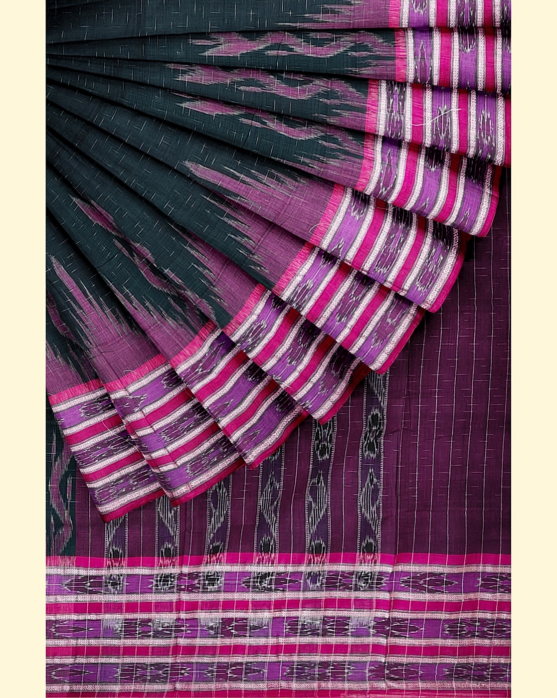 Green Pink Sambalpuri Handwoven Single Ikat Cotton Saree Image 2