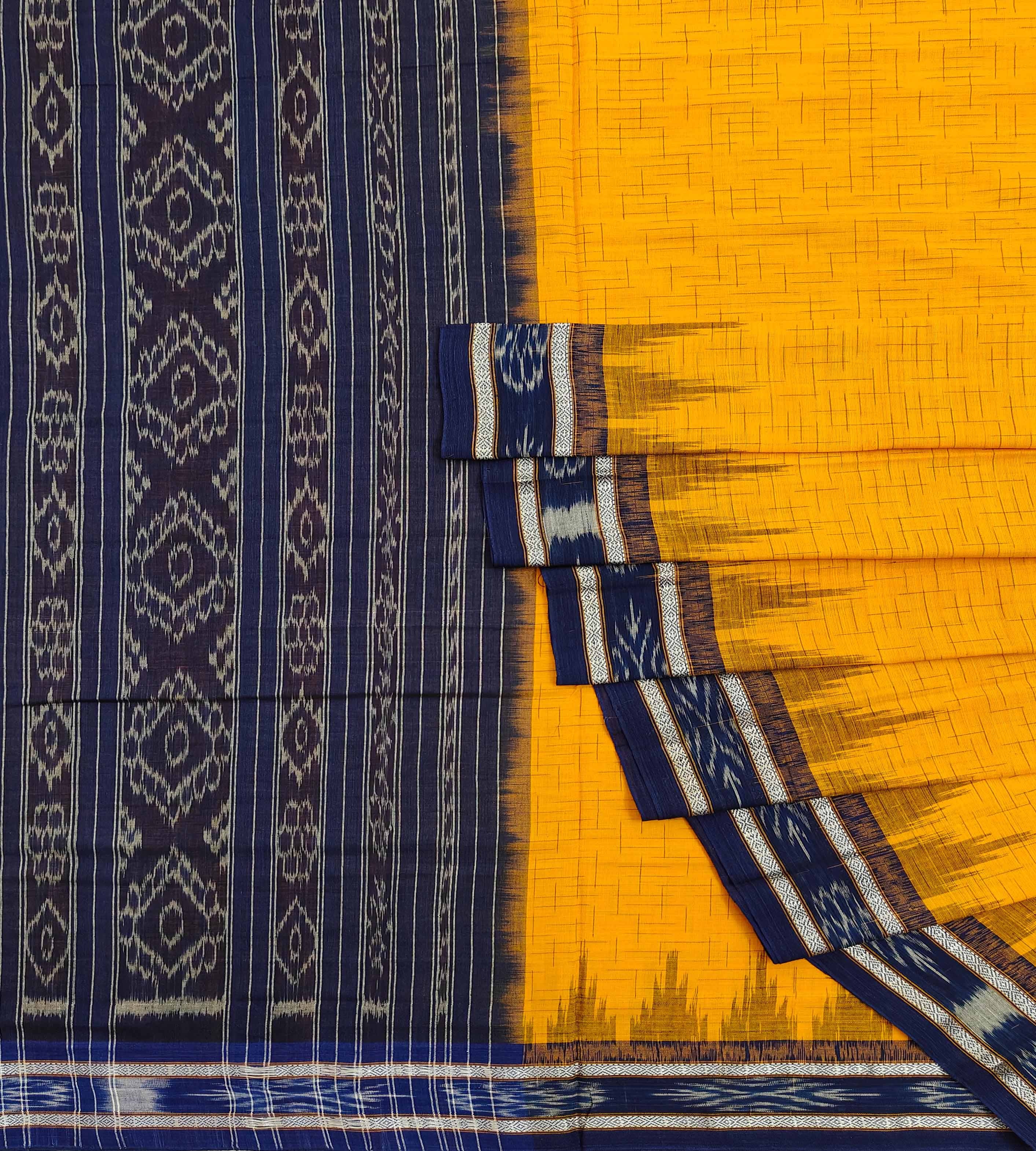 Yellow Blue Nuapatna Handwoven Single Ikat Cotton Saree Image 1