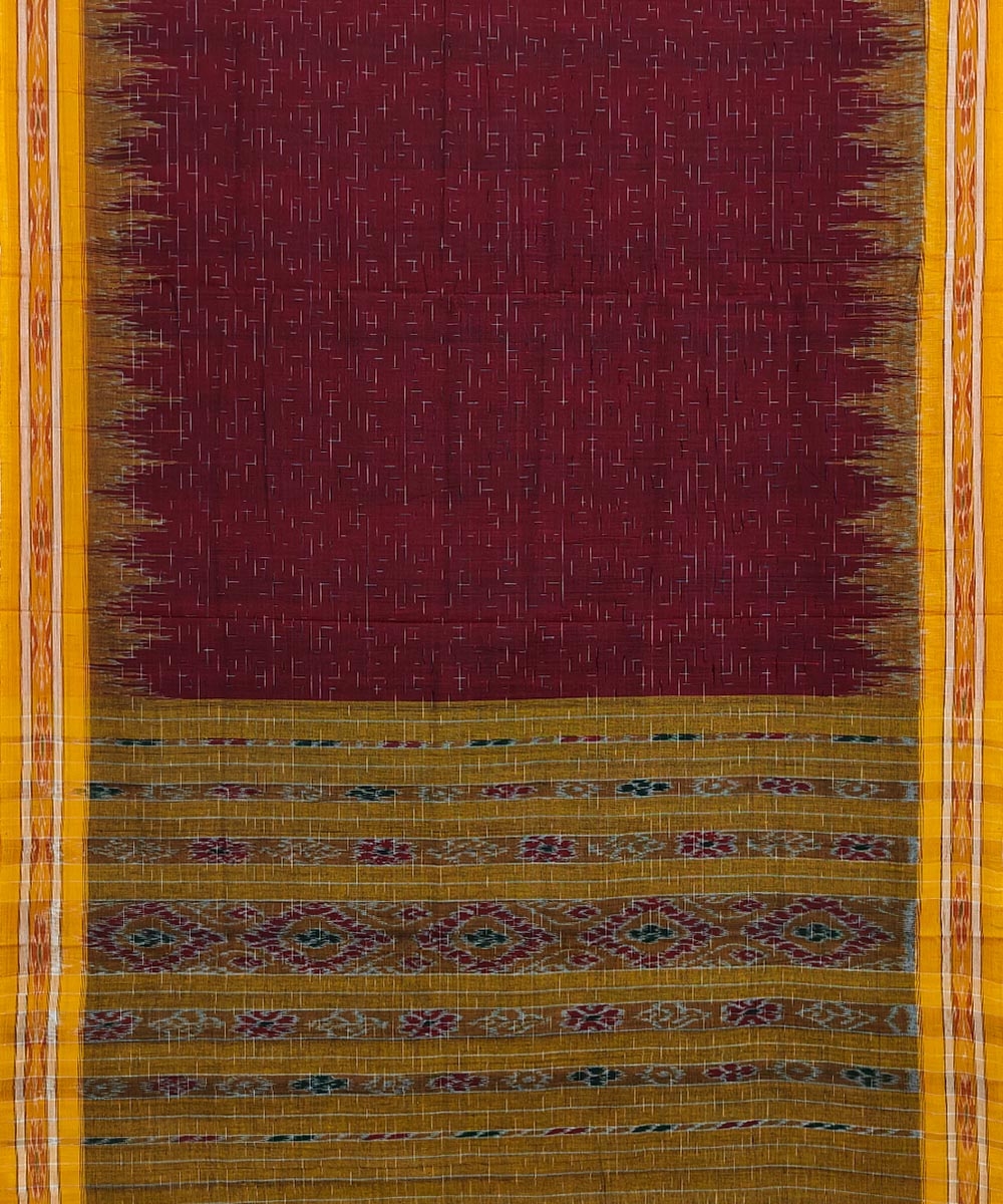 Maroon Yellow Nuapatna Handwoven Single Ikat Cotton Saree Image 2