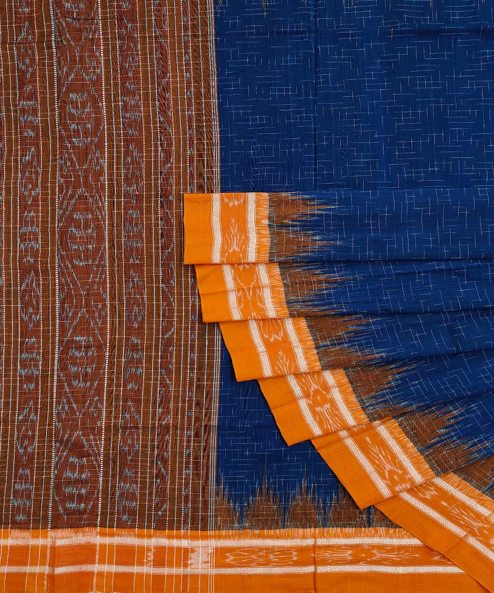 Blue Orange Nuapatna Handwoven Single Ikat Cotton Saree Image 1