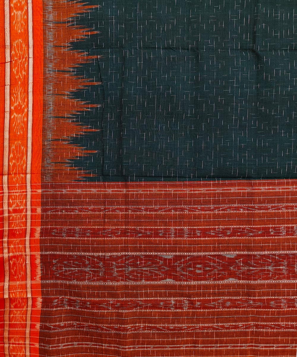 Green Orange Nuapatna Handwoven Single Ikat Cotton Saree Image 3