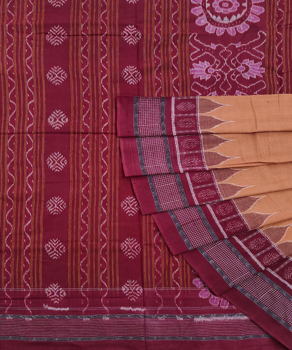 Brown Maroon Sambalpuri Handwoven Single Ikat Cotton Saree SMCSAR1275