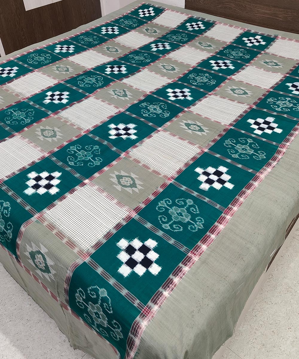 Offwhite Green Sambalpuri Handwoven Cotton Double Bed Sheet Image 2