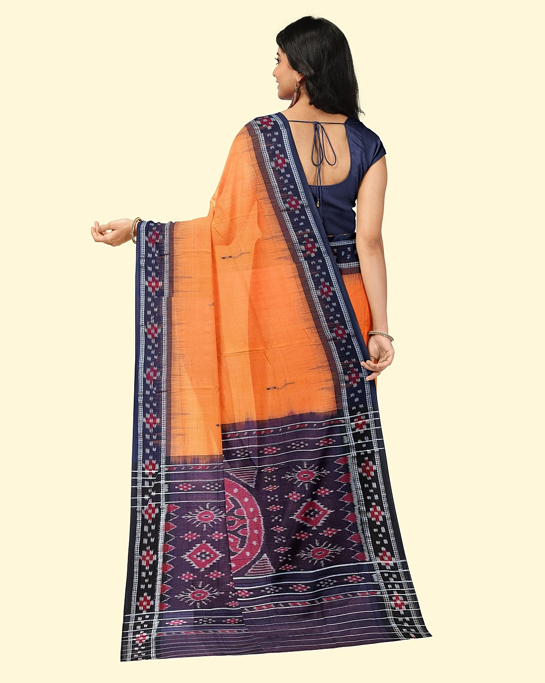 Orange Black Sambalpuri Handwoven Single Ikat Cotton Saree Image 2