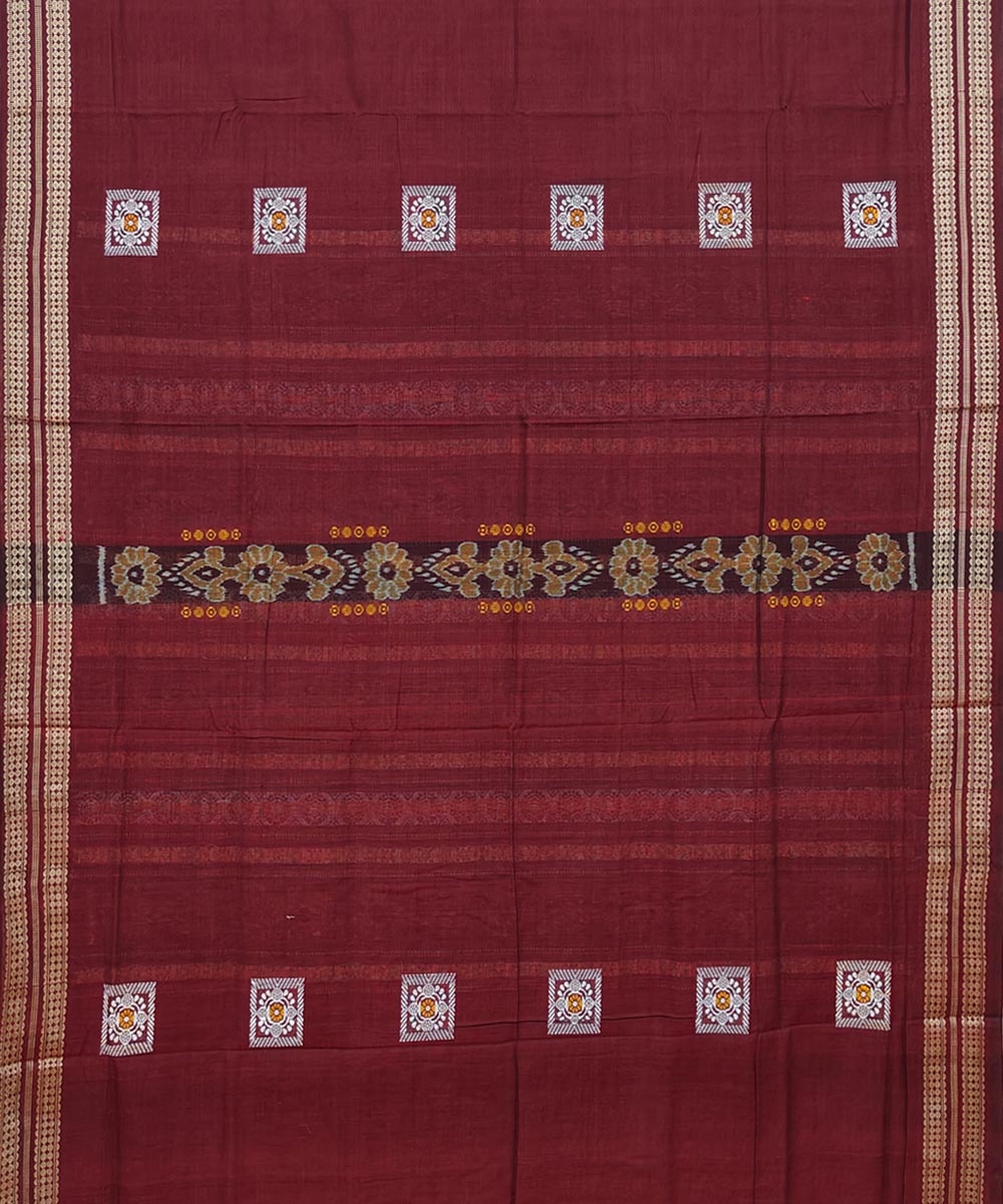 Maroon Bomkai Handwoven Single Ikat Cotton Saree Image 3