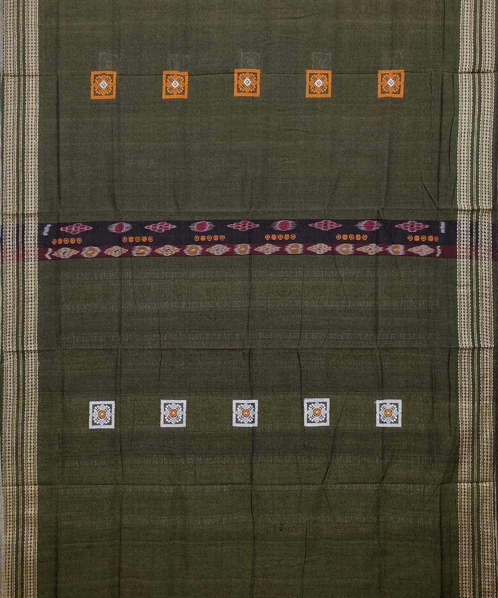 Green Bomkai Handwoven Single Ikat Cotton Saree Image 3