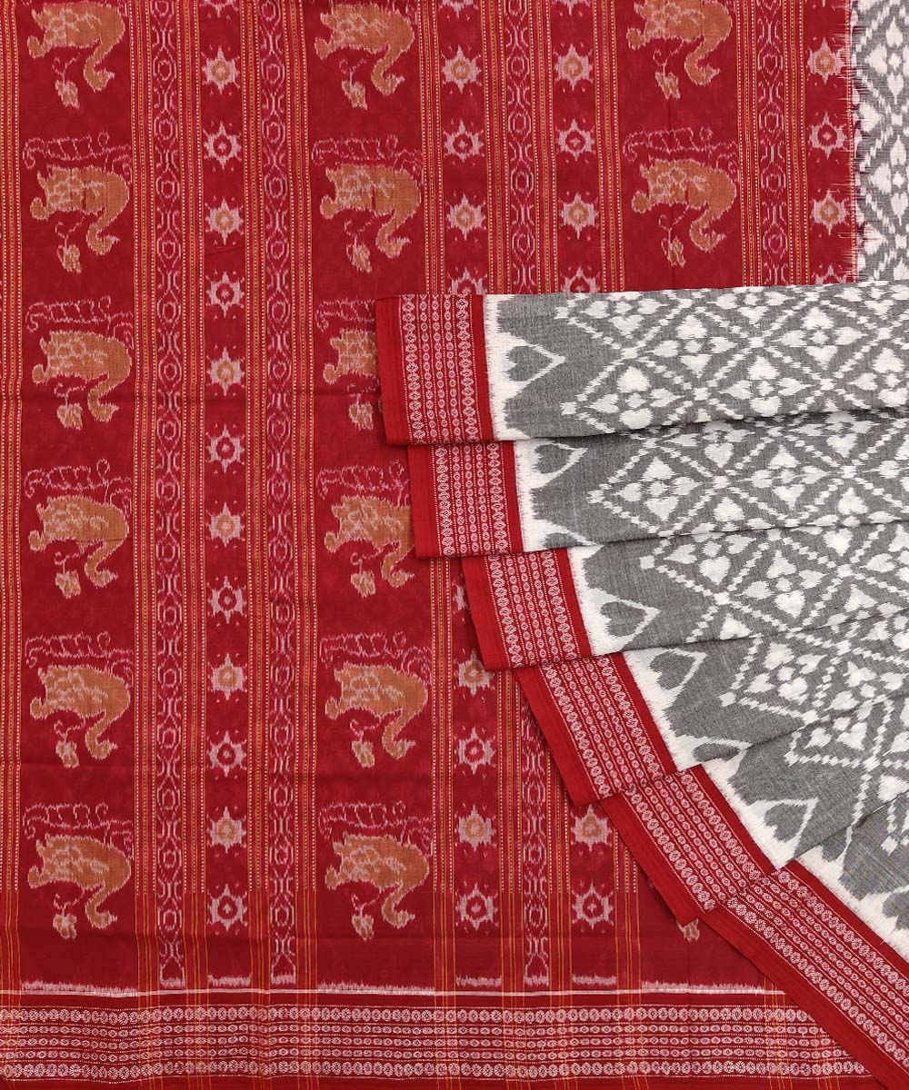 Gray Maroon Sambalpuri Handwoven Single Ikat Cotton Saree SFCSAR1339