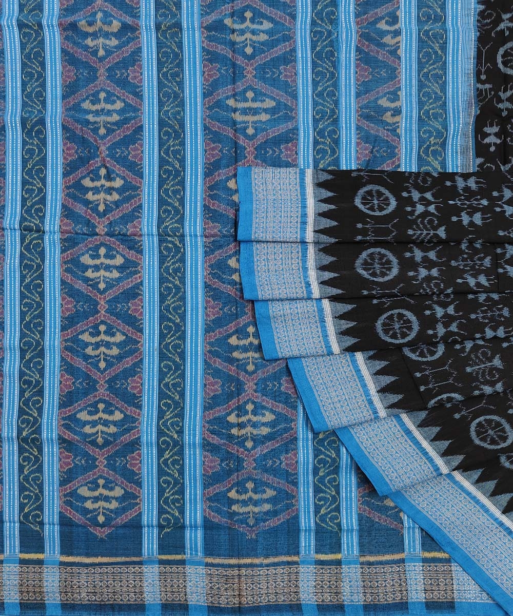 Black Blue Sambalpuri Handwoven Single Ikat Cotton Saree Image 1