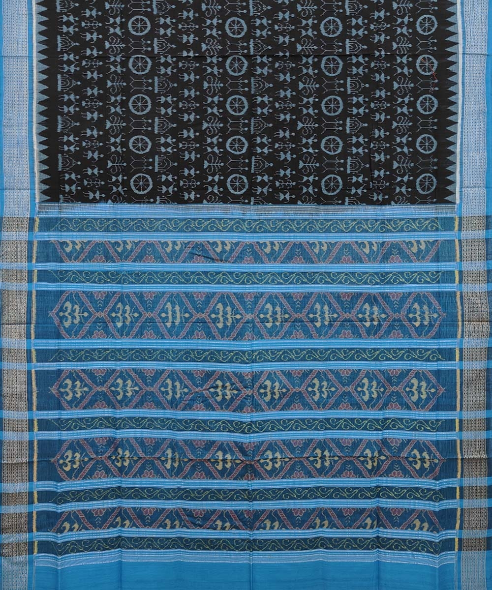 Black Blue Sambalpuri Handwoven Single Ikat Cotton Saree Image 2