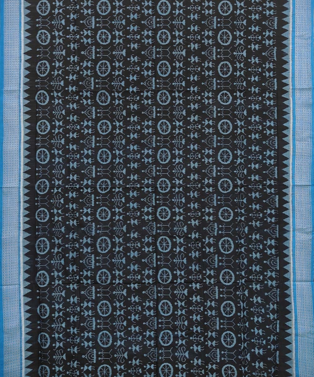Black Blue Sambalpuri Handwoven Single Ikat Cotton Saree Image 3