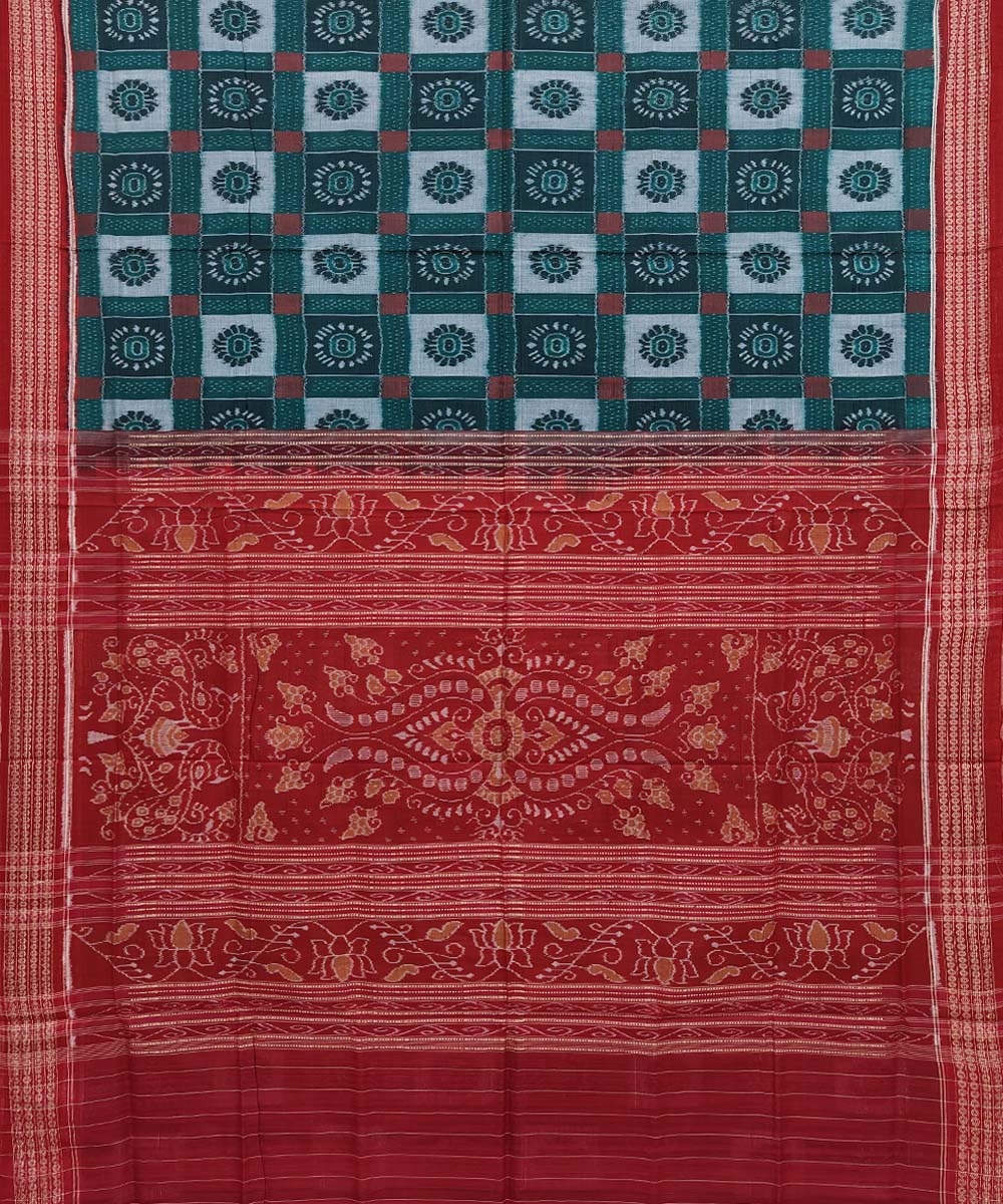 Green Red Sambalpuri Handwoven Single Ikat Cotton Saree Image 2