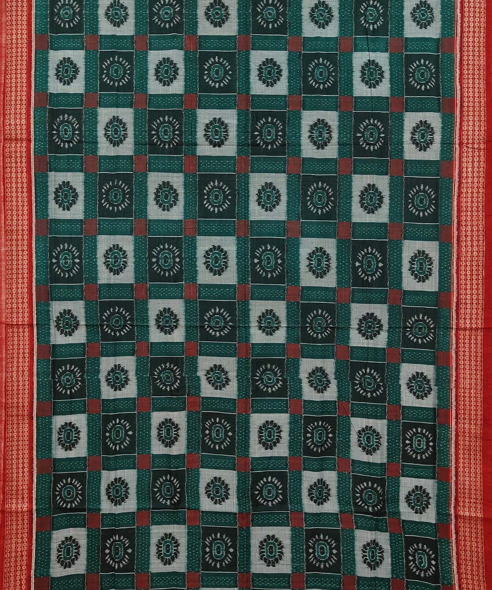 Green Red Sambalpuri Handwoven Single Ikat Cotton Saree Image 3