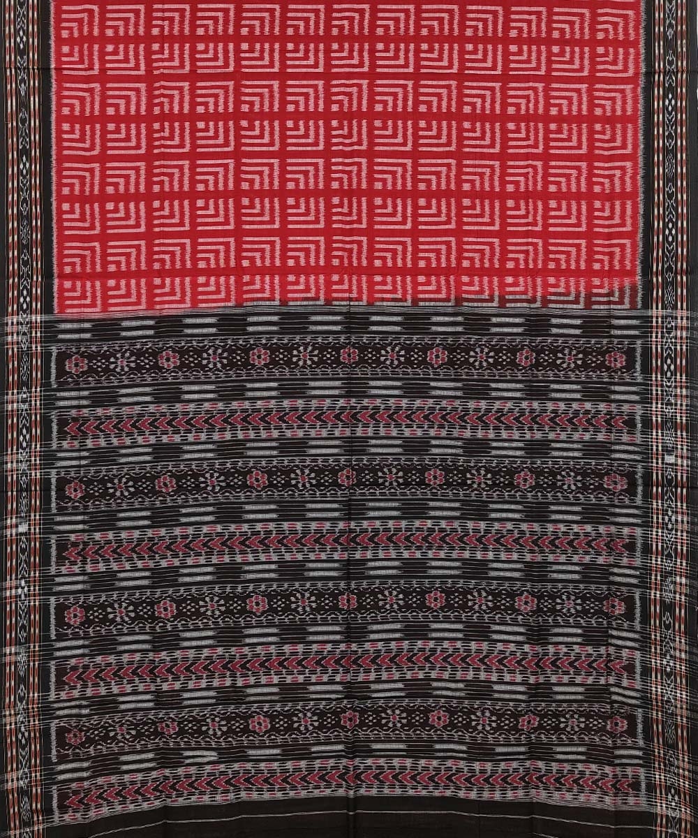 Red Black Sambalpuri Handwoven Single Ikat Cotton Saree Image 2