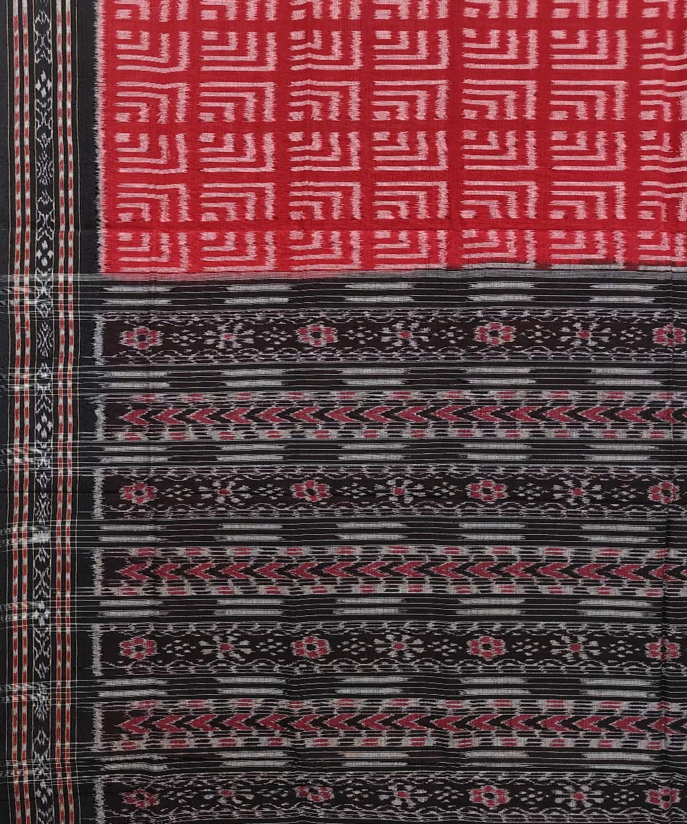 Red Black Sambalpuri Handwoven Single Ikat Cotton Saree Image 4