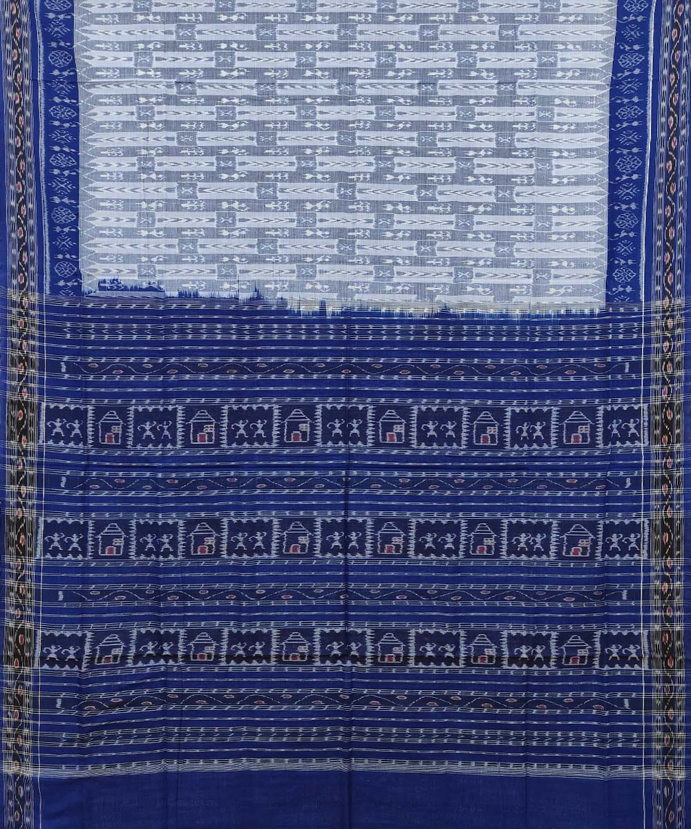 Gray Blue Sambalpuri Handwoven Single Ikat Cotton Saree Image 2