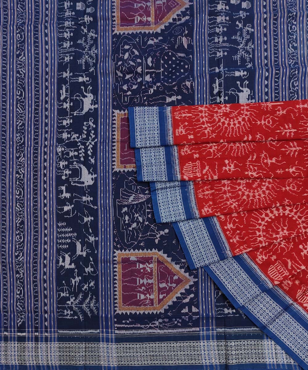 Red Blue Sambalpuri Handwoven Single Ikat Cotton Saree Image 1