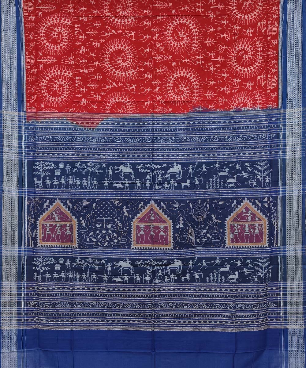 Red Blue Sambalpuri Handwoven Single Ikat Cotton Saree Image 2